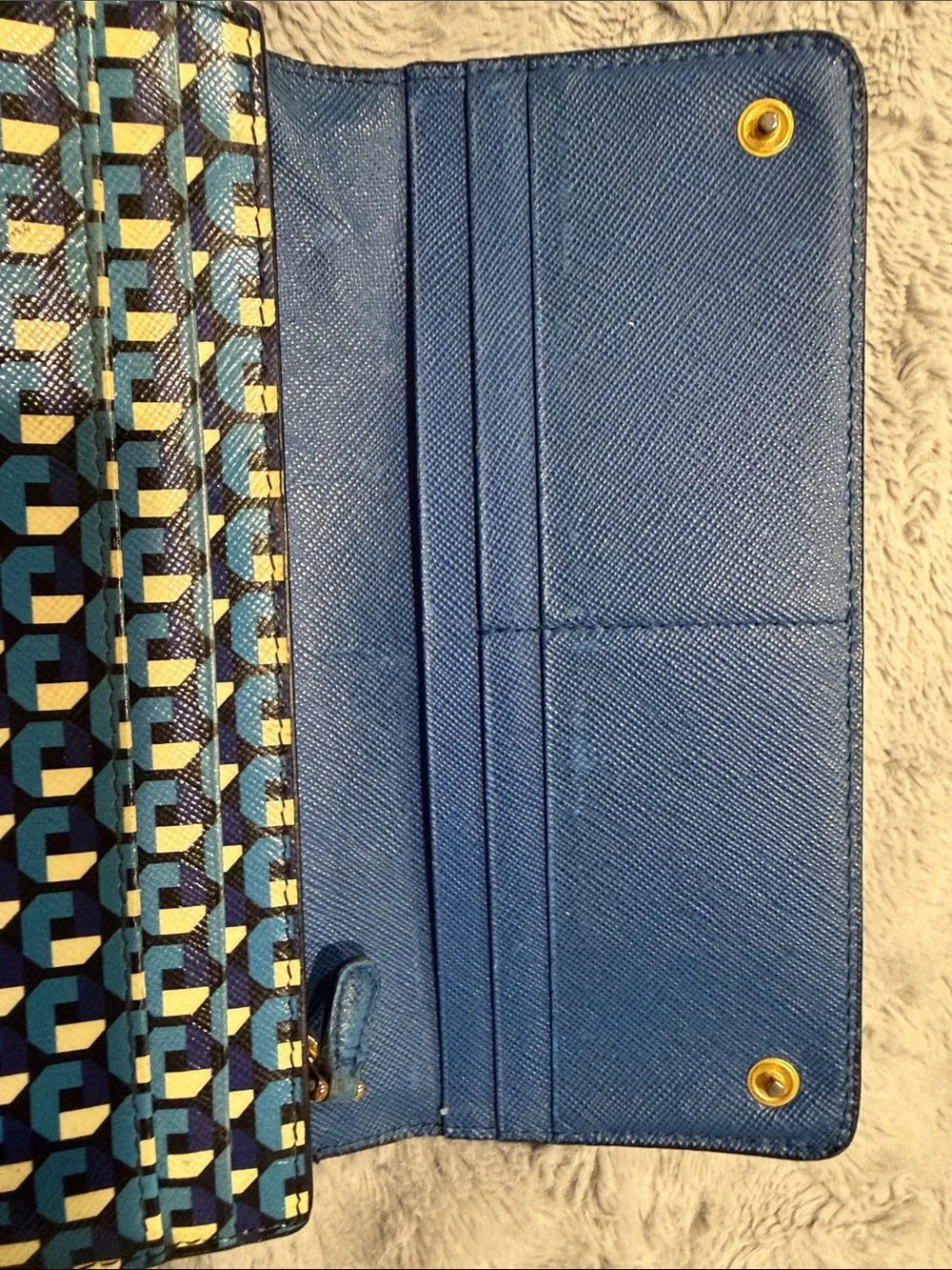Prada Blue Geometric Print Leather Clutch Wallet